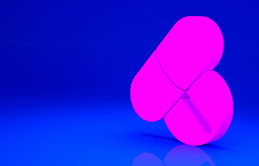 Pink Medicine pill or tablet icon isolated on blue background. Capsule pill and drug sign. Pharmacy design. Minimalism concept. 3d illustration 3D render