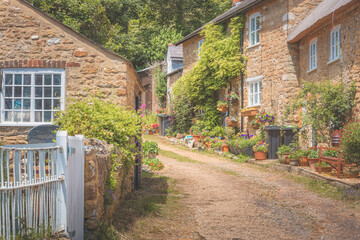 Traditional stone cottages on a quaint country lane in the charming rural English village of Abbotsbury, Dorset, England, UK.