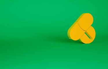 Orange Medicine pill or tablet icon isolated on green background. Capsule pill and drug sign. Pharmacy design. Minimalism concept. 3d illustration 3D render