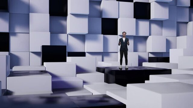 Caucasian man in business suit, glasses as tv presenter in virtual studio news with white and black cubes. On stage goes screen with chart, inscription - PERCENTAGE CHANGE FROM PRECENDING QUARTER
