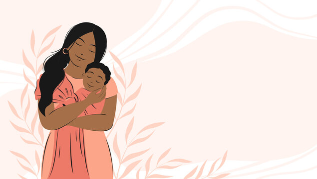 Banner about pregnancy and motherhood with place for text. African american woman is holding newborn baby. Family concept, health, Happy Mother's Day. Flat vector illustration.