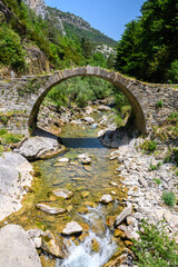 views of old roman bridge ruins crossed by a river in pyrenees, Spain