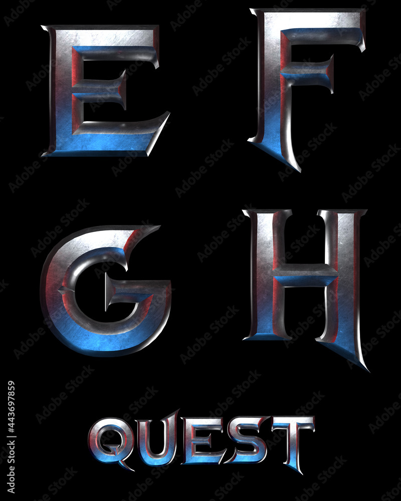 Poster quest metal fantasy alphabet - 3d illustration