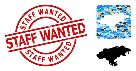 Climate collage map of Cantabria Province, and scratched red round Staff Wanted seal. Geographic vector collage map of Cantabria Province is combined as hole from rounded square and random rain,