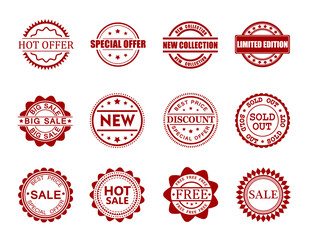 set of red stamps stickers for sales isolated on white background