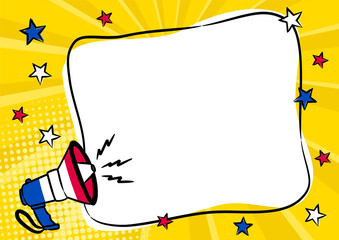 Comic empty speech bubble with shout in the colors of the French tricolor. Pop art vector illustration for Bastille Day or National Decor of France. Vector illustration for a festive or holiday decor