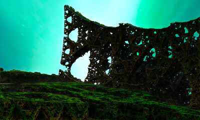 A strange world with intersecting porous metal columns against a background of green fog. 3D Rendering