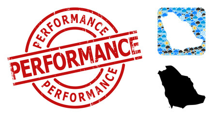 Weather mosaic map of Saudi Arabia, and scratched red round Performance stamp seal. Geographic vector composition map of Saudi Arabia is organized as carved shape from rounded square and random rain,