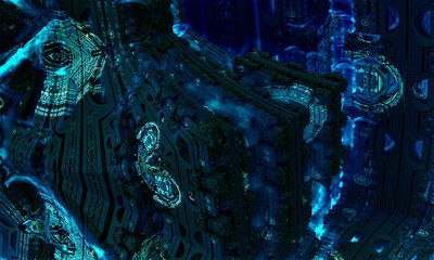 Abstract background, fantastic 3D blue structures, technology remains of an ancient civilization 3d rendering. Underwater structure