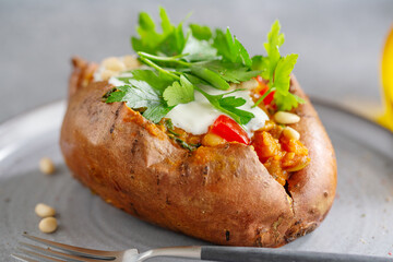 Baked sweet potato with sour cream
