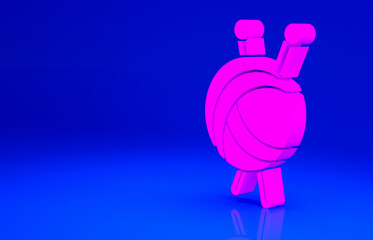 Pink Yarn ball with knitting needles icon isolated on blue background. Label for hand made, knitting or tailor shop. Minimalism concept. 3d illustration 3D render