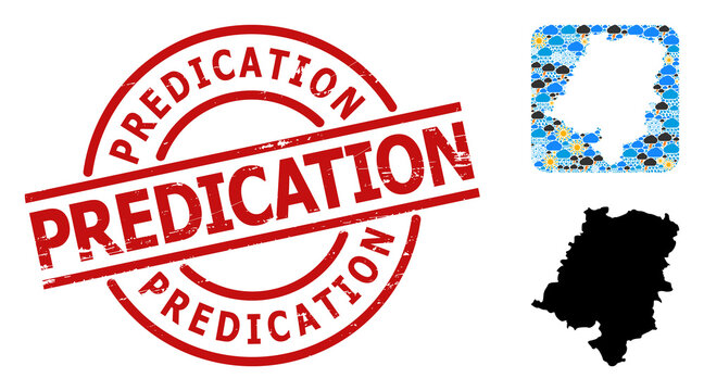 Climate pattern map of Opole Province, and distress red round Predication stamp. Geographic vector concept map of Opole Province is composed as stencil from rounded square and scattered rain, cloud,