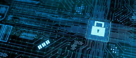 Microchip processing data through computer motherboard circuit with fully protection pad lock symbol, 3d rendering abstract Cyber Security safety illustration, CPU hardware firewall technology concept © ZETHA_WORK