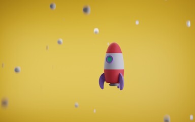 Cartoon space rocket in galaxy on yellow background planets or stars, flying across universe. Spaceship launching, journey shuttle 3d illustration. Start up concept, template banner design