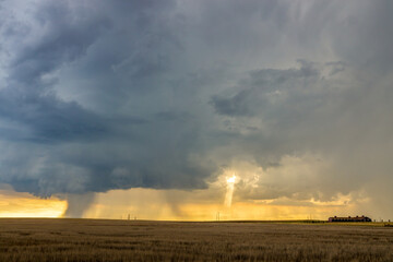 Dark storm clouds over the horizon with heavy rain on a windswept prairie, sunlight, and a farmhouse in the distance.