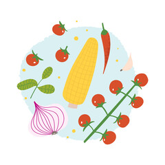 Flying corn salad explosion. Flat hand drawn vegetable food splash. Cherry tomato, chili pepper, corn, onion, basil, oil drops. Healthy diet, organic food concept.