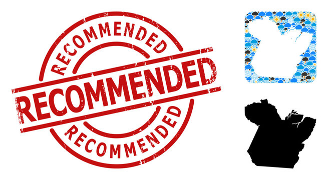 Weather mosaic map of Paral State, and rubber red round Recommended seal. Geographic vector mosaic map of Paral State is composed as hole from rounded square and randomized rain, cloud, sun,