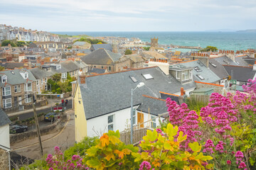 Scenic rooftop view of the quaint and charming seaside Cornish port town of St Ives on the Atlantic...