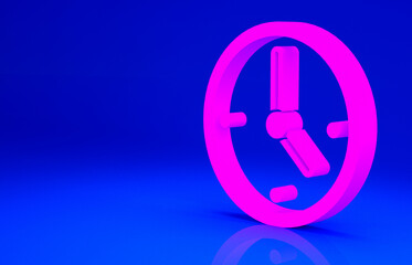 Pink Clock icon isolated on blue background. Time symbol. Minimalism concept. 3d illustration 3D render