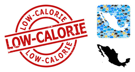 Weather mosaic map of Mexico, and scratched red round Low-Calorie seal. Geographic vector composition map of Mexico is created as carved shape from rounded square and random rain, cloud, sun,