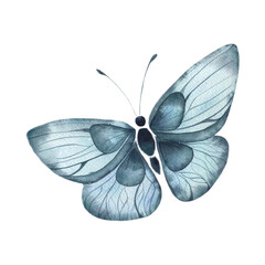 Watercolor illustration with a bright blue butterfly, abstract summer butterfly, isolated element on a white background. Illustration for postcards, posters, fabrics, decoration.
