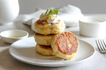 Sweet cheese pancakes with honey and cream on a white plate. Homemade recipe cheesecakes.