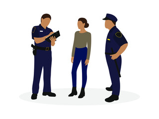 Two police officers in uniform and female character together on a white background