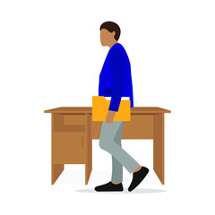 Male character with a folder for documents in hand stands near a desk on a white background