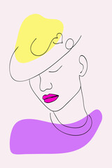 Female face one line drawing with minimal shapes, curved lines. Woman portrait with illustration for fashion design. Abstract minimal drawing of young girl
