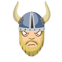 Viking. Evil face of barbarian warrior. A soldier in horned helmet. Medieval bearded man. Flat cartoon illustration. Villain Scandinavian character