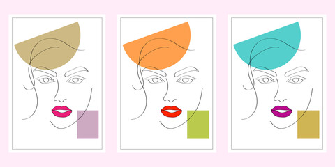 Set of Woman's Face continuous Line art. Abstract Contemporary collage of geometric shapes in a modern trendy style. Vector Portrait of a female. For Beauty Concept, t-Shirt Print, postcard, poster