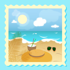 Beach scene - summer horizon background with lens flares - sunny vacation concept with blue sky, water and sand