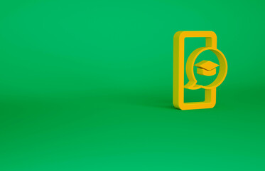 Orange Graduation cap on screen smartphone icon isolated on green background. Online learning or e-learning concept. Minimalism concept. 3d illustration 3D render