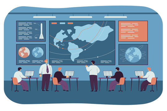 Spacecraft Command And Control Center. Flat Vector Illustration. People Launching Space Ship, Surveillance Satellites, Cosmic Mission. Space, Control, Rocket Engineering Concept For Banner Design