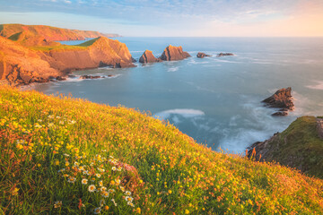 Dramatic seascape landscape of rock formations with golden hour sunset or sunrise light of Screda Point at Hartland Quay on the North Devon coast in England, UK. © Stephen