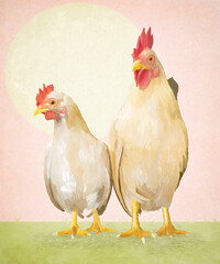 Painterly illustration of two white chickens posing together. 