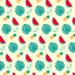 Seamless summer pattern with watermelon, pineapple and tropical leaf. Set  fruits and plants illustration in vector. Modern exotic design for paper, cover, fabric, interior decor,