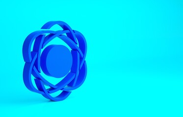 Blue Atom icon isolated on blue background. Symbol of science, education, nuclear physics, scientific research. Minimalism concept. 3d illustration 3D render