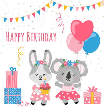 Koala holding balloons,bunny standing with a muffin and a candle.Tempalte for girls birthday card.Vector illustration.