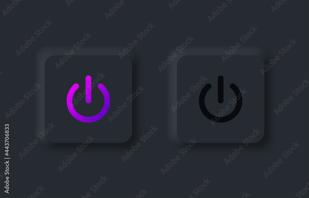 Aufkleber square power buttons on and off in modern neumorphic trend style. ui, ux set for mobile app. dark mo