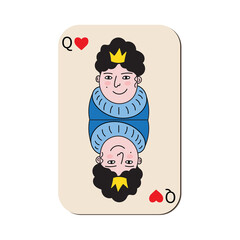 Queen, lady of hearts, playing card, hand drawn in doodle style. Woman with crown, stylization for gambling. Flat, cartoon.Isolated. Vector illustration.