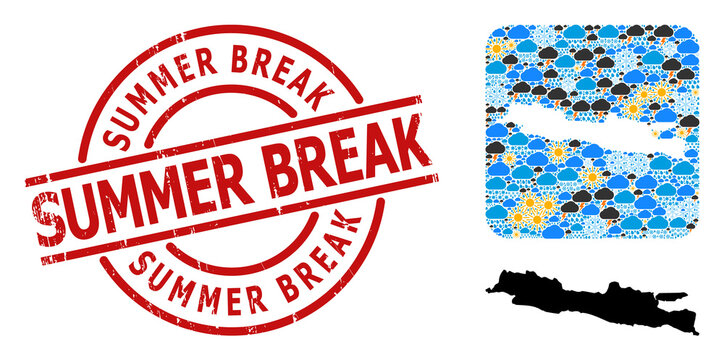 Weather collage map of Java Island, and grunge red round Summer Break stamp seal. Geographic vector collage map of Java Island is combined as hole from rounded square and randomized rain, cloud, sun,