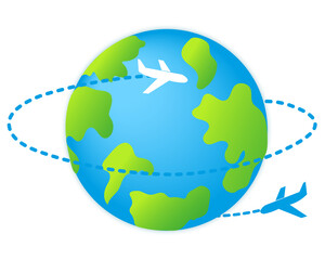 Illustration of a flying airplane around the world 