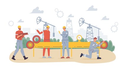 Vector cartoon flat industrial worker characters at petroleum production work.Oil workers building new pipeline-petroleum exploration,extraction,refining,web online site banner ad concept
