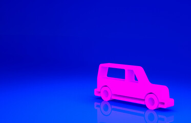 Pink Hearse car icon isolated on blue background. Minimalism concept. 3d illustration 3D render