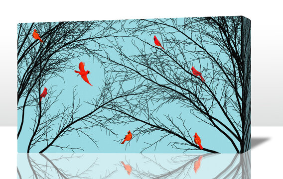 Bright red cardinal birds are seen on black tree branches in winter and are on a stretched canvas 3-d panel in this 3-d illustration about bird art.