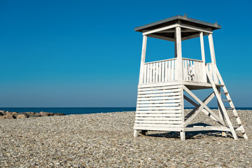 Lifeguard tower on the city beach in the morning in the resort village of Nebug, Krasnodar...