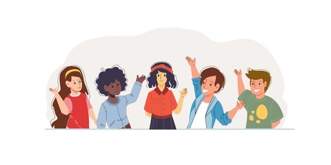 Set of cartoon flat kids characters happy greetings - various poses, social communication and friendship concept