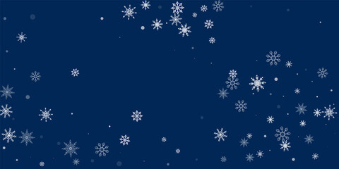 White delicate openwork snowflakes are scattered on a blue background. Festive background, postcard design, wallpaper