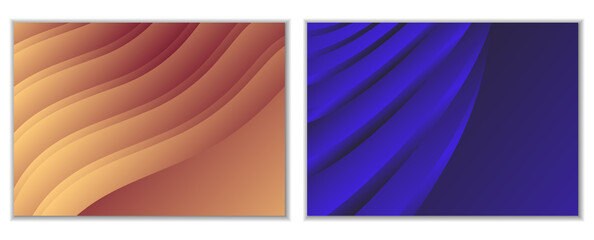 Abstract gradient waves background and folds. A set of 2 templates. 3D illustration in gentle pastel colors. Vector